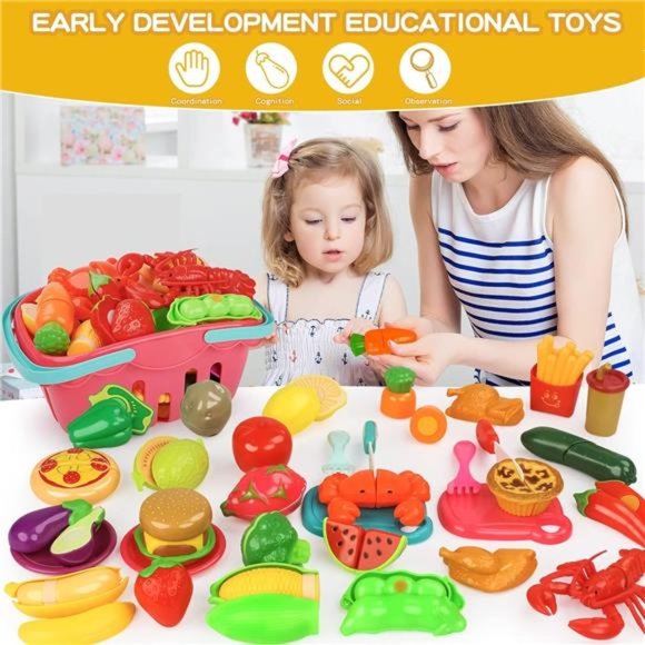 Pretend Play Food Sets for Kids Kitchen 61Pc, Storage Basket Cutting Toy Food - Picture 2 of 6
